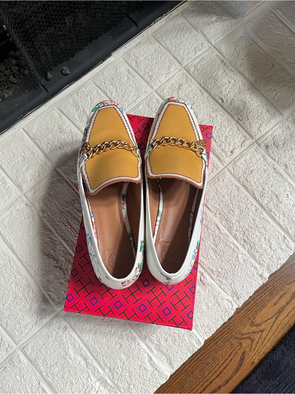 Tory Burch Mustard Woven Chain Loafers with Floral Trim - Picture 6 of 6
